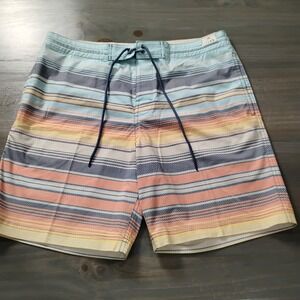 ROWM  Board Shorts Mens 36 Blue Orange Yellow Stripes Pockets Swim Surf NWT